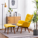Sillón moderno amarillo de poliéster con botones capitoné y otomana con patas cónicas de madera