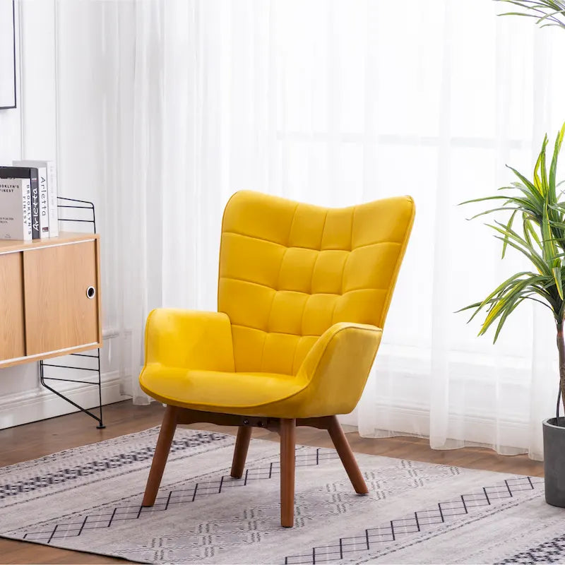 Sillón moderno amarillo de poliéster con botones capitoné y otomana con patas cónicas de madera