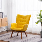 Sillón moderno amarillo de poliéster con botones capitoné y otomana con patas cónicas de madera