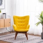 Sillón moderno amarillo de poliéster con botones capitoné y otomana con patas cónicas de madera