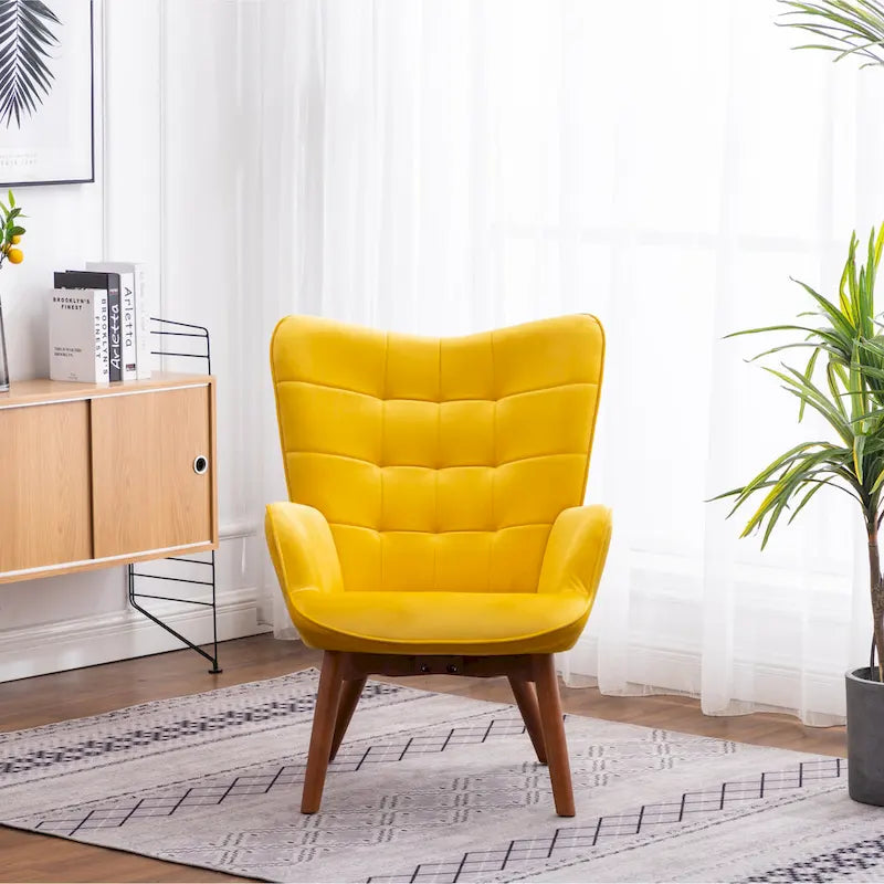 Sillón moderno amarillo de poliéster con botones capitoné y otomana con patas cónicas de madera