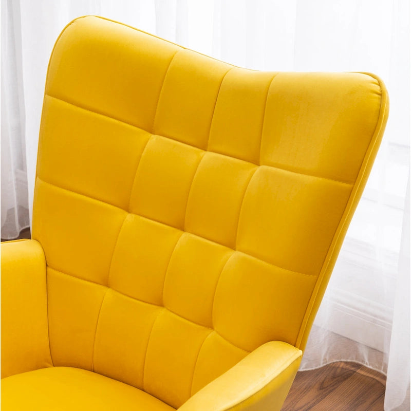 Sillón moderno amarillo de poliéster con botones capitoné y otomana con patas cónicas de madera