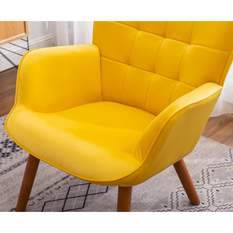 Sillón moderno amarillo de poliéster con botones capitoné y otomana con patas cónicas de madera