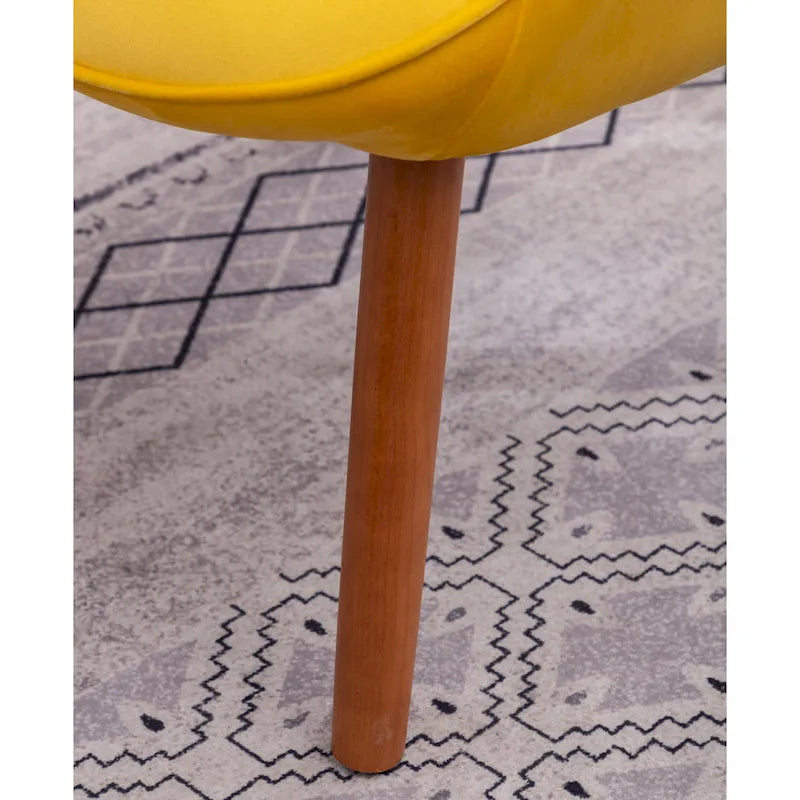 Sillón moderno amarillo de poliéster con botones capitoné y otomana con patas cónicas de madera
