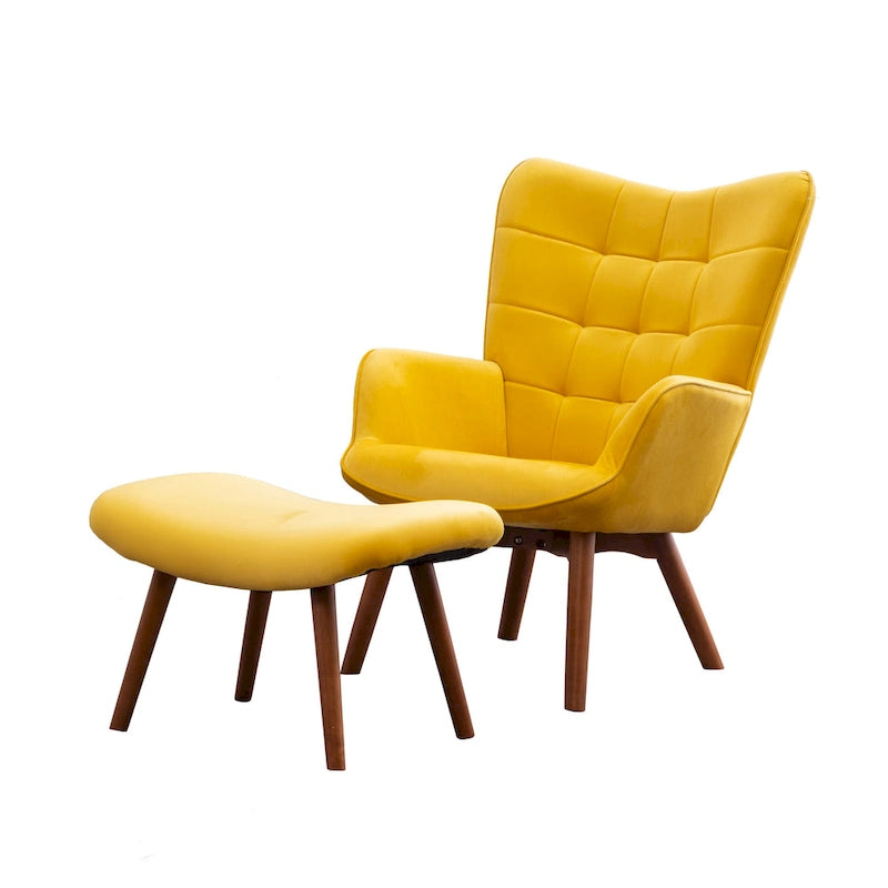 Sillón moderno amarillo de poliéster con botones capitoné y otomana con patas cónicas de madera
