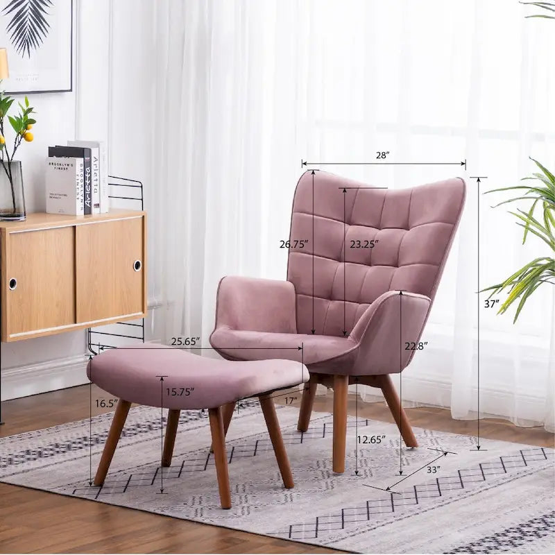 Sillón moderno amarillo de poliéster con botones capitoné y otomana con patas cónicas de madera