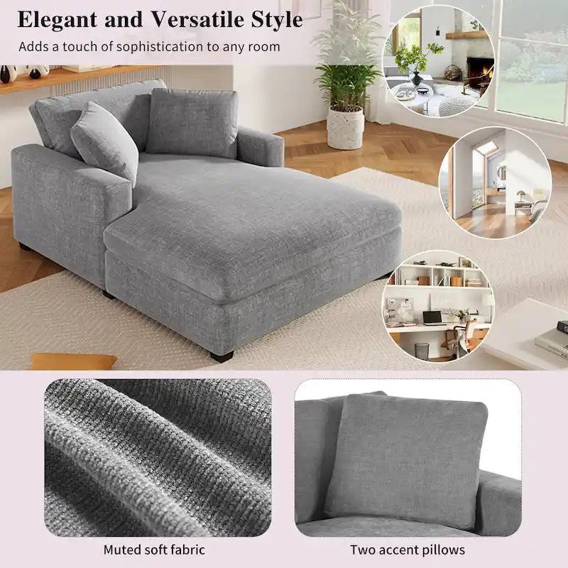 Tumbona moderna gris de 53.5 pulgadas con patas de madera maciza y almohadas para sala de estar