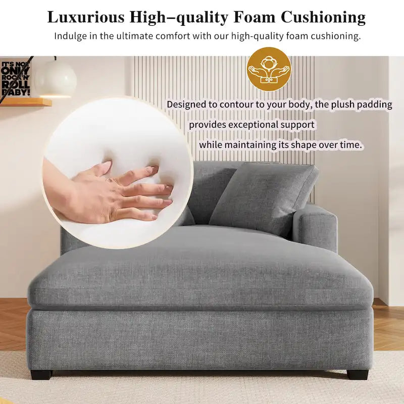 Tumbona moderna gris de 53.5 pulgadas con patas de madera maciza y almohadas para sala de estar
