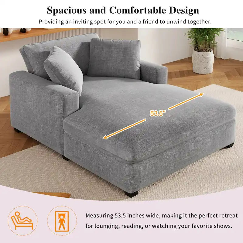 Tumbona moderna gris de 53.5 pulgadas con patas de madera maciza y almohadas para sala de estar