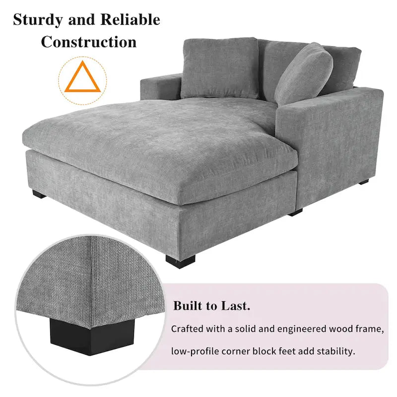 Tumbona moderna gris de 53.5 pulgadas con patas de madera maciza y almohadas para sala de estar