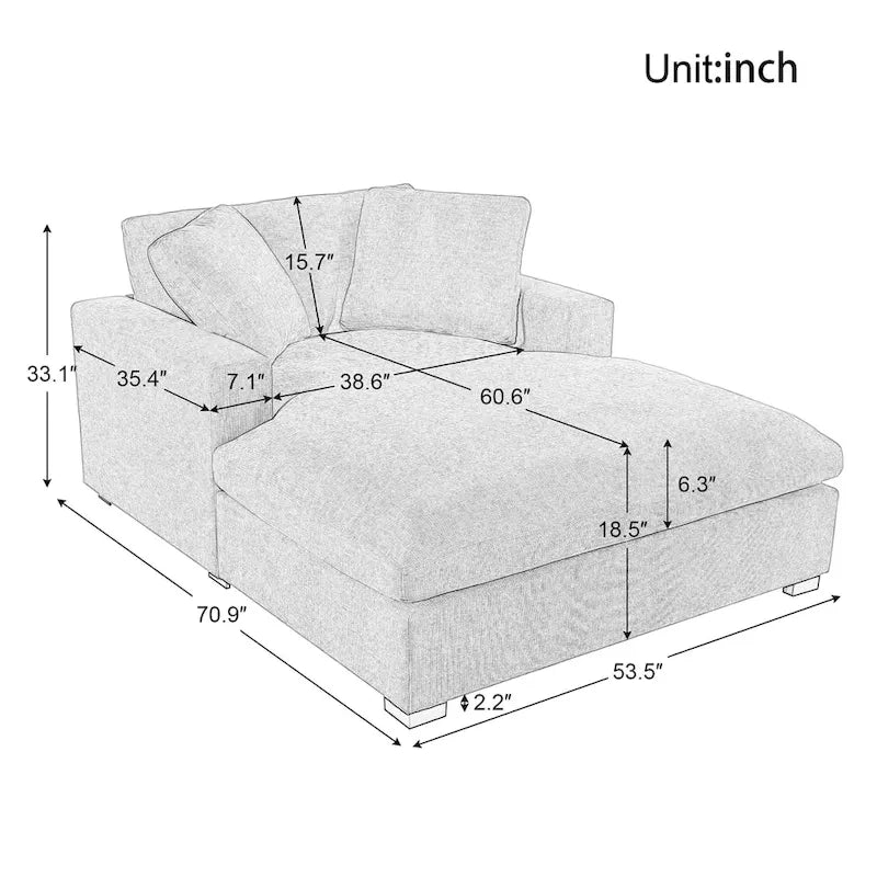 Tumbona moderna gris de 53.5 pulgadas con patas de madera maciza y almohadas para sala de estar