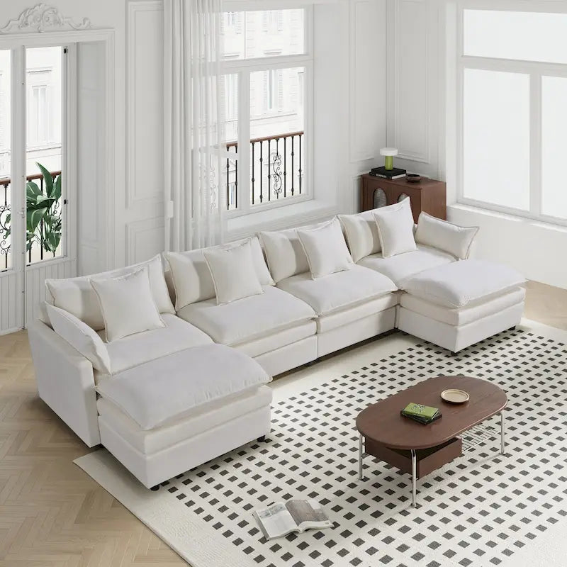 Amplio sofá seccional de chenilla en forma de U de 142.52" con cojines dobles, chaise convertible y otomanas