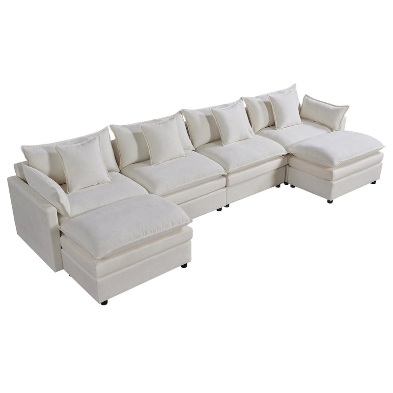 Amplio sofá seccional de chenilla en forma de U de 142.52" con cojines dobles, chaise convertible y otomanas