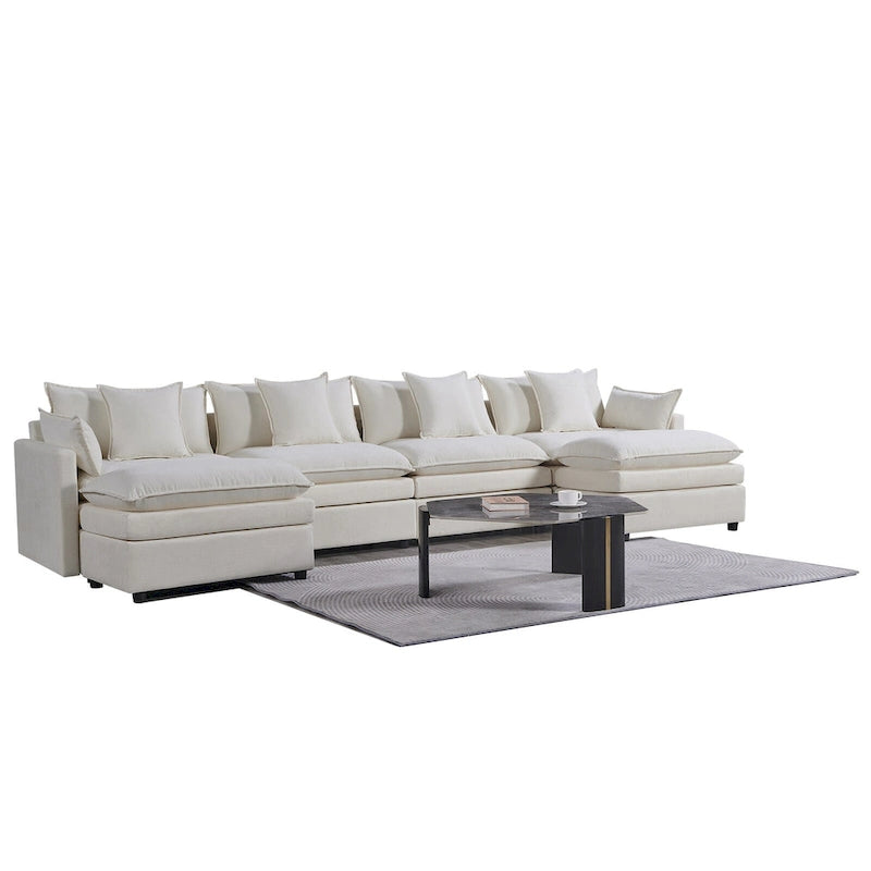 Amplio sofá seccional de chenilla en forma de U de 142.52" con cojines dobles, chaise convertible y otomanas