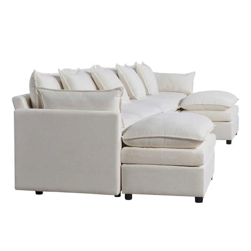 Amplio sofá seccional de chenilla en forma de U de 142.52" con cojines dobles, chaise convertible y otomanas