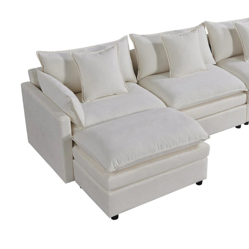 Amplio sofá seccional de chenilla en forma de U de 142.52" con cojines dobles, chaise convertible y otomanas