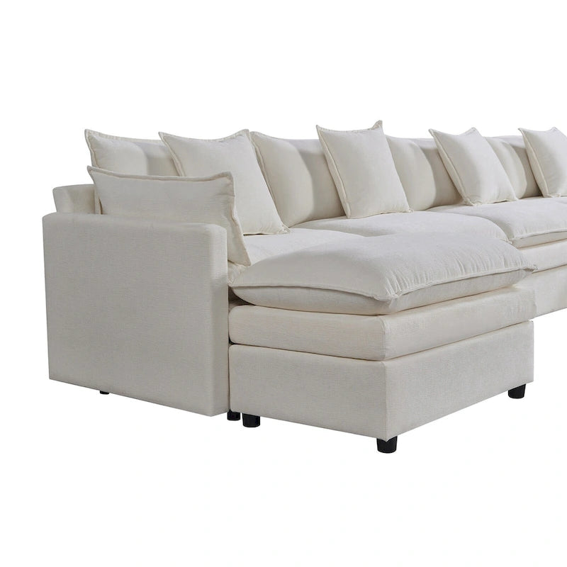 Amplio sofá seccional de chenilla en forma de U de 142.52" con cojines dobles, chaise convertible y otomanas