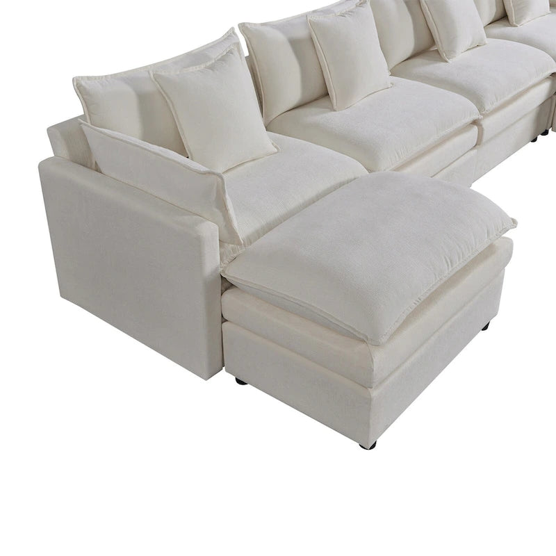 Amplio sofá seccional de chenilla en forma de U de 142.52" con cojines dobles, chaise convertible y otomanas