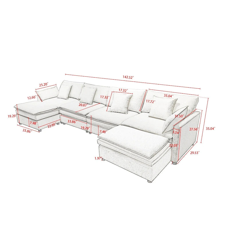 Amplio sofá seccional de chenilla en forma de U de 142.52" con cojines dobles, chaise convertible y otomanas