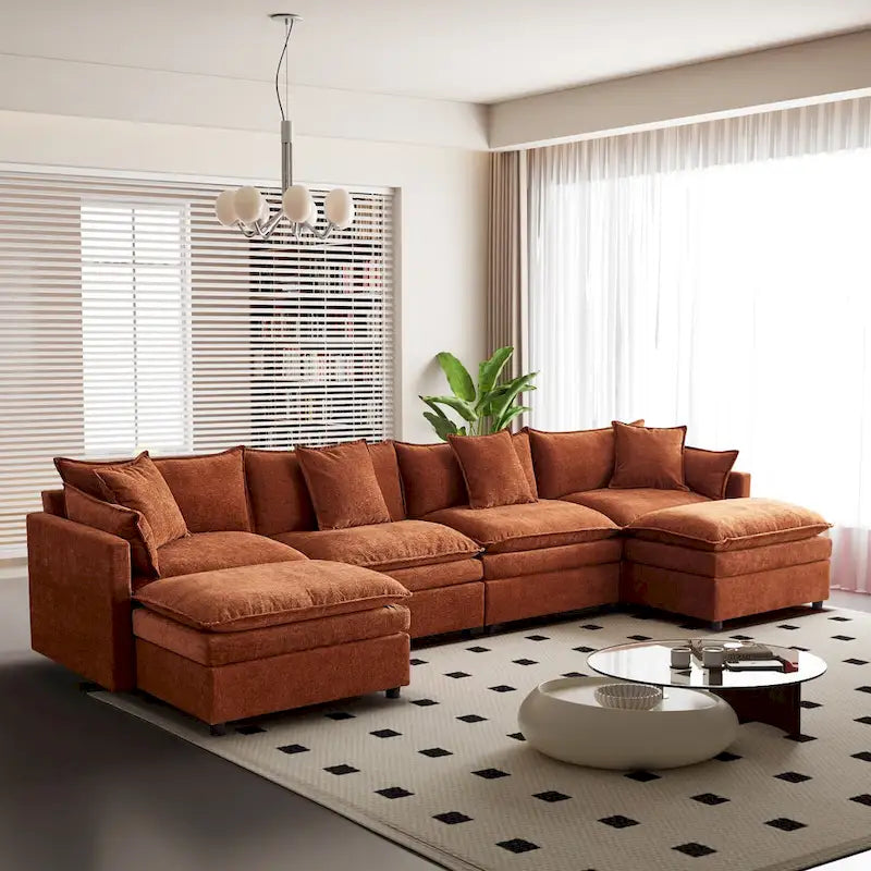 Amplio sofá seccional de chenilla en forma de U de 142.52" con cojines dobles, chaise convertible y otomanas