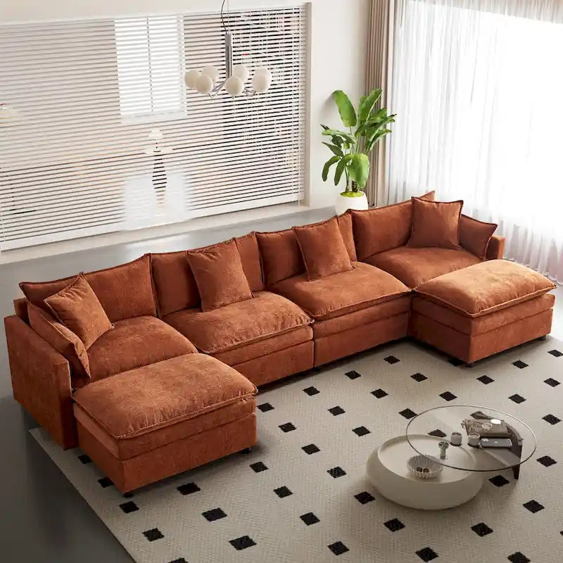 Amplio sofá seccional de chenilla en forma de U de 142.52" con cojines dobles, chaise convertible y otomanas
