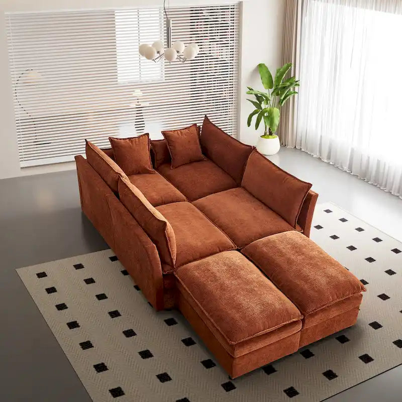 Amplio sofá seccional de chenilla en forma de U de 142.52" con cojines dobles, chaise convertible y otomanas