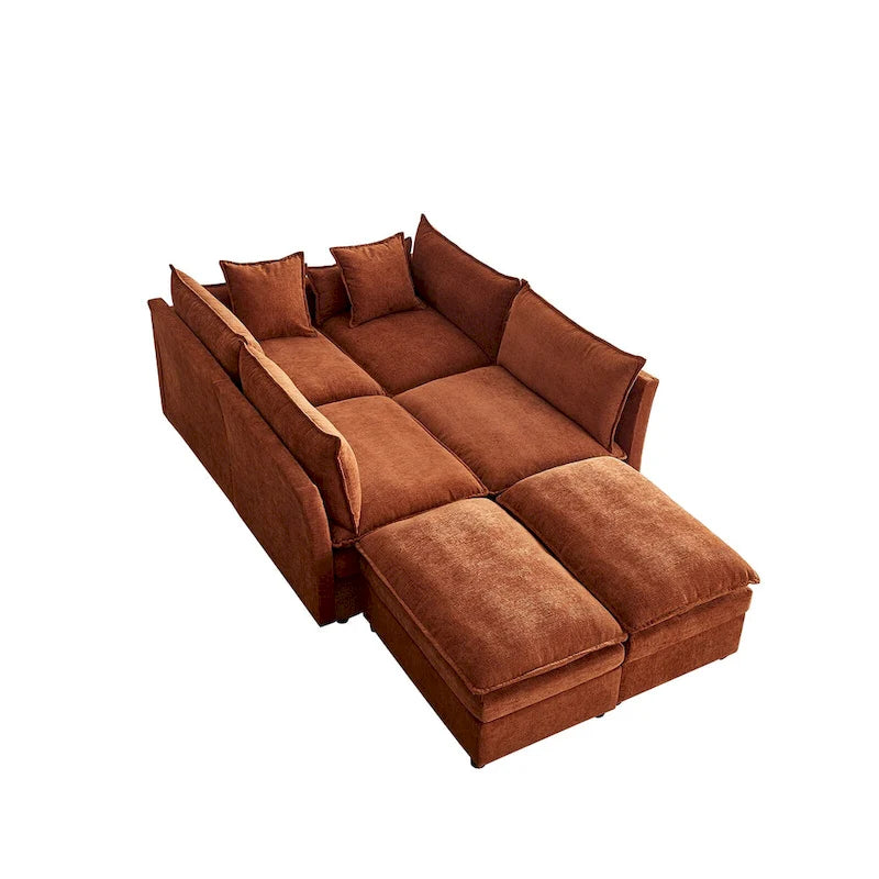 Amplio sofá seccional de chenilla en forma de U de 142.52" con cojines dobles, chaise convertible y otomanas