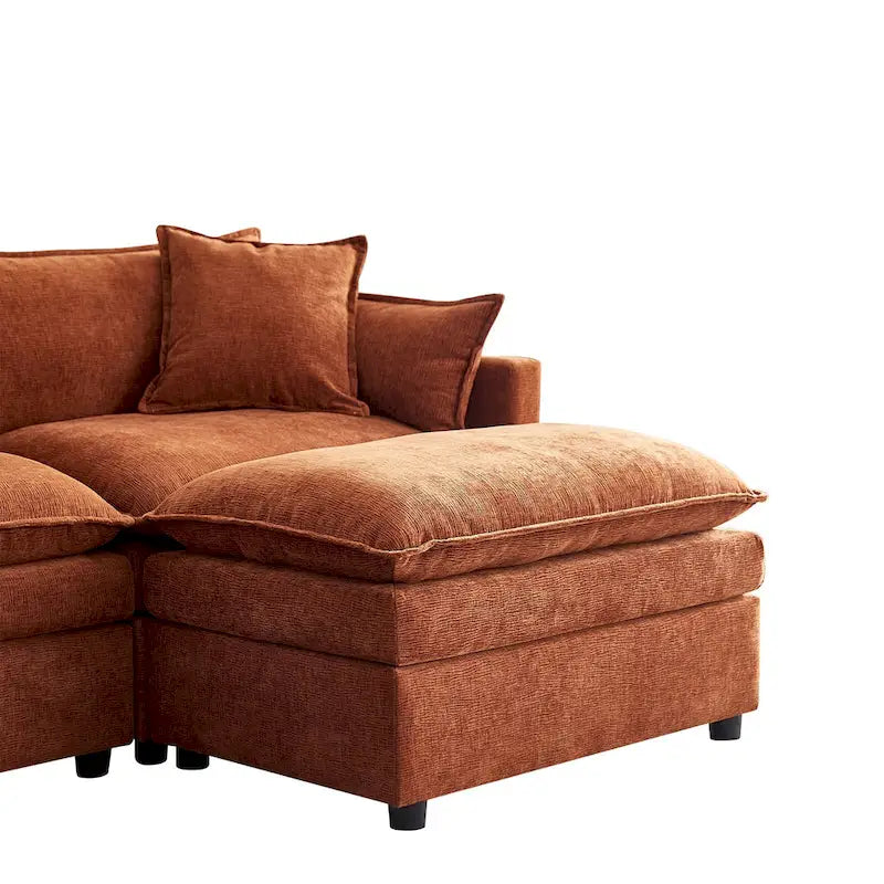 Amplio sofá seccional de chenilla en forma de U de 142.52" con cojines dobles, chaise convertible y otomanas