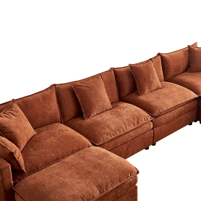 Amplio sofá seccional de chenilla en forma de U de 142.52" con cojines dobles, chaise convertible y otomanas