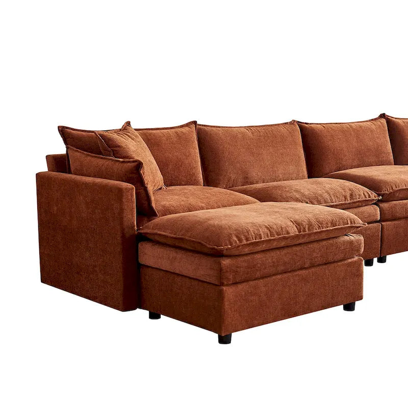 Amplio sofá seccional de chenilla en forma de U de 142.52" con cojines dobles, chaise convertible y otomanas