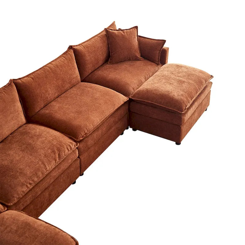 Amplio sofá seccional de chenilla en forma de U de 142.52" con cojines dobles, chaise convertible y otomanas