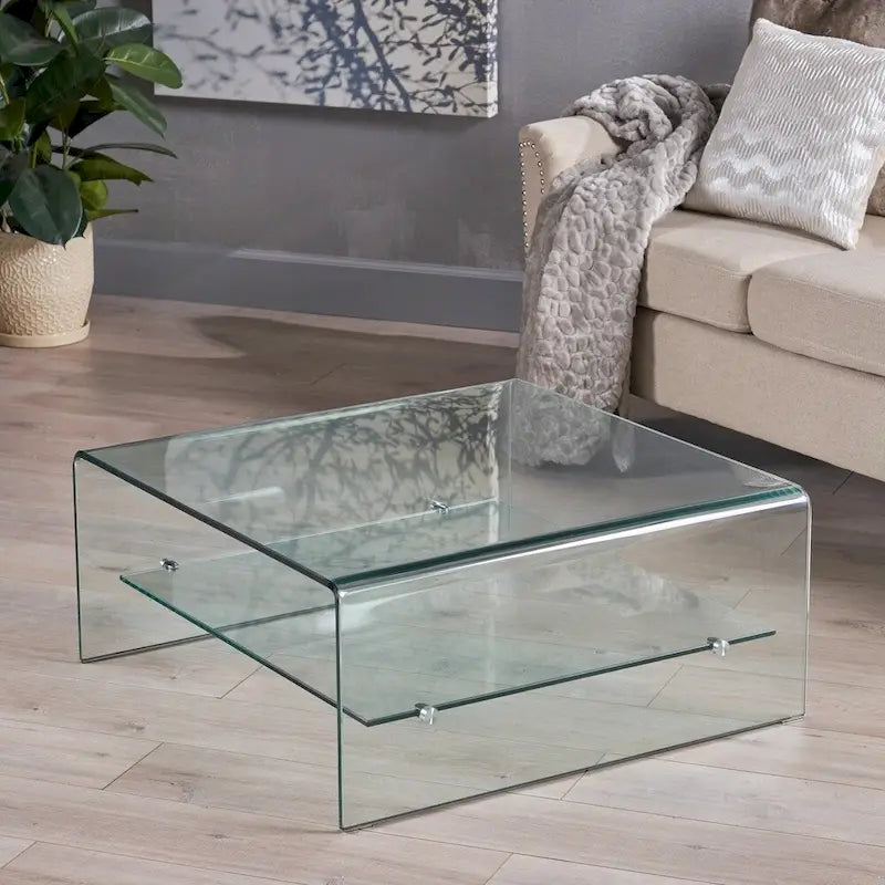 Mesa de centro Ramona de cristal cuadrado con estante