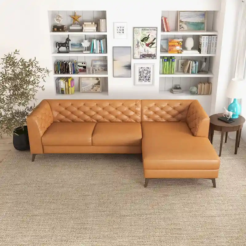Sofá seccional esquinero de cuero superior Florentina Modern Chesterfield Tufted para sala de estar en color coñac