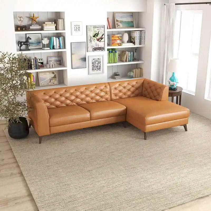 Sofá seccional esquinero de cuero superior Florentina Modern Chesterfield Tufted para sala de estar en color coñac