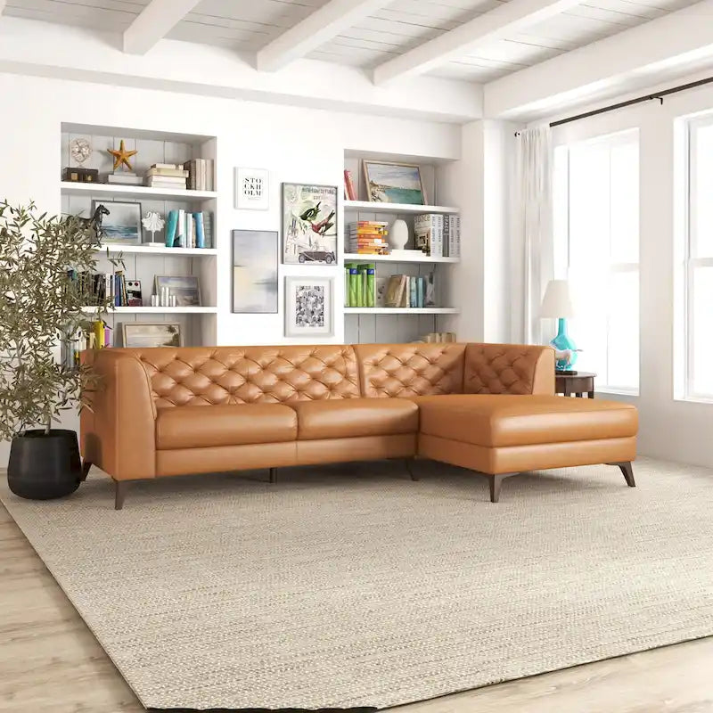 Sofá seccional esquinero de cuero superior Florentina Modern Chesterfield Tufted para sala de estar en color coñac