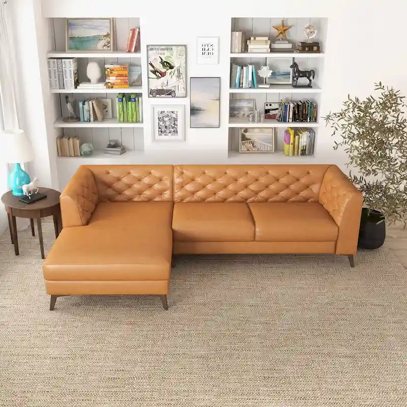 Sofá seccional esquinero de cuero superior Florentina Modern Chesterfield Tufted para sala de estar en color coñac