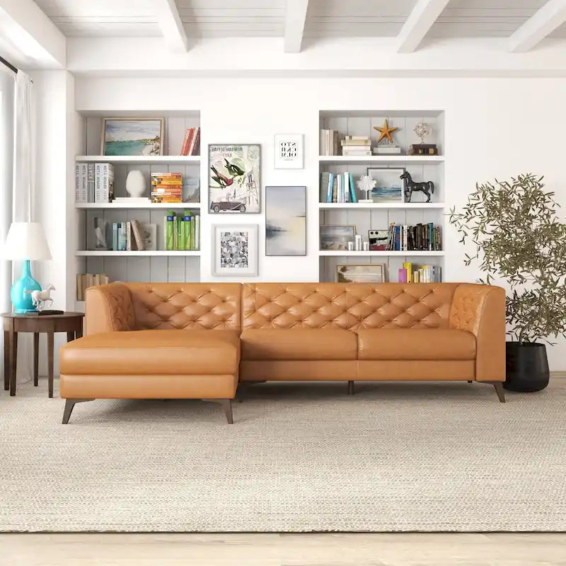 Sofá seccional esquinero de cuero superior Florentina Modern Chesterfield Tufted para sala de estar en color coñac