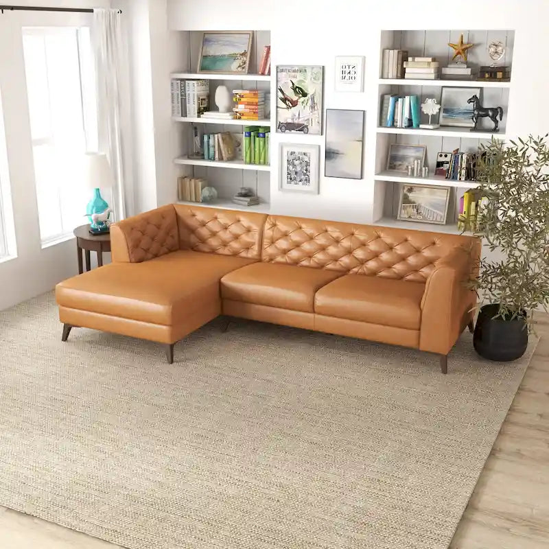 Sofá seccional esquinero de cuero superior Florentina Modern Chesterfield Tufted para sala de estar en color coñac