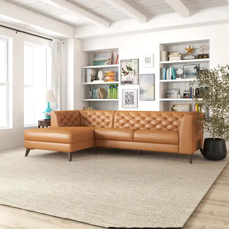Sofá seccional esquinero de cuero superior Florentina Modern Chesterfield Tufted para sala de estar en color coñac