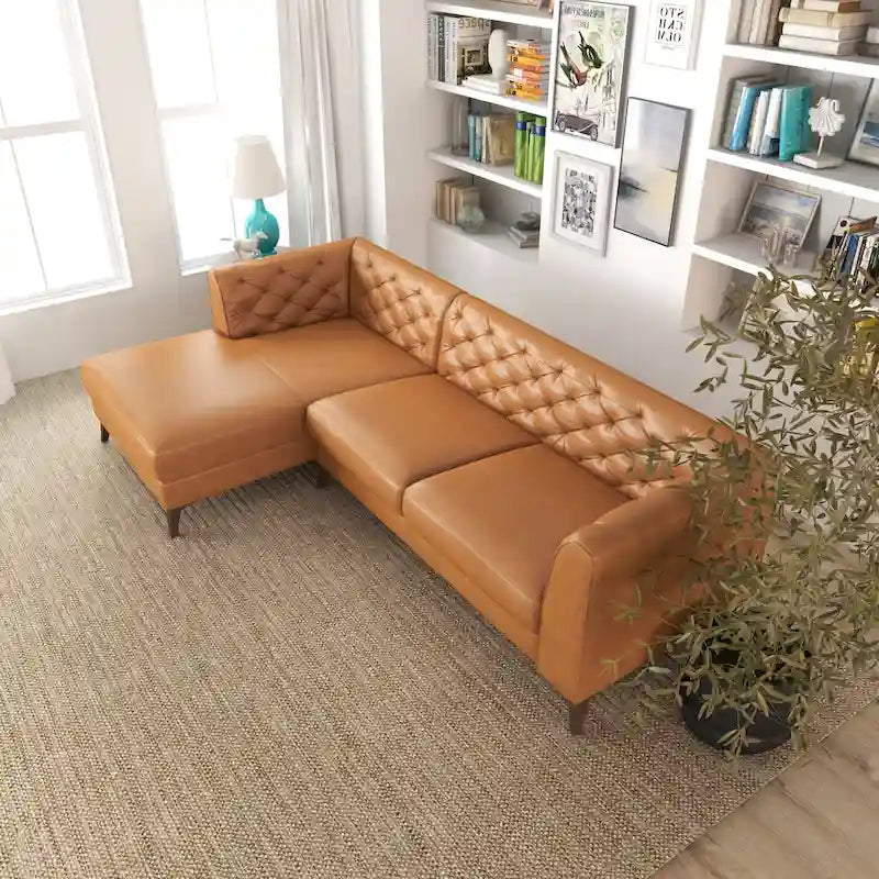 Sofá seccional esquinero de cuero superior Florentina Modern Chesterfield Tufted para sala de estar en color coñac