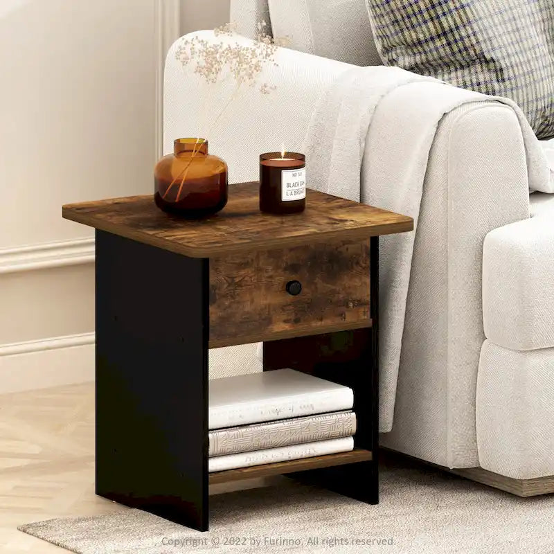 Mesa auxiliar/Mesita de noche Dario con estante de almacenamiento y cajón tipo cubo