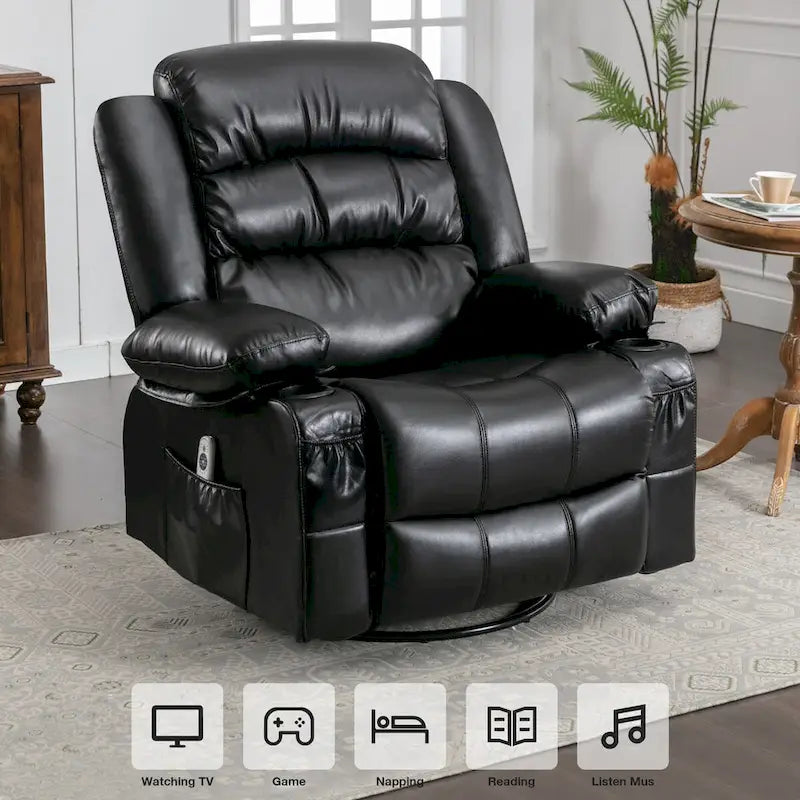 Sillón reclinable giratorio mecedor con masaje de vibración y calor, sillón ergonómico con puerto de carga USB