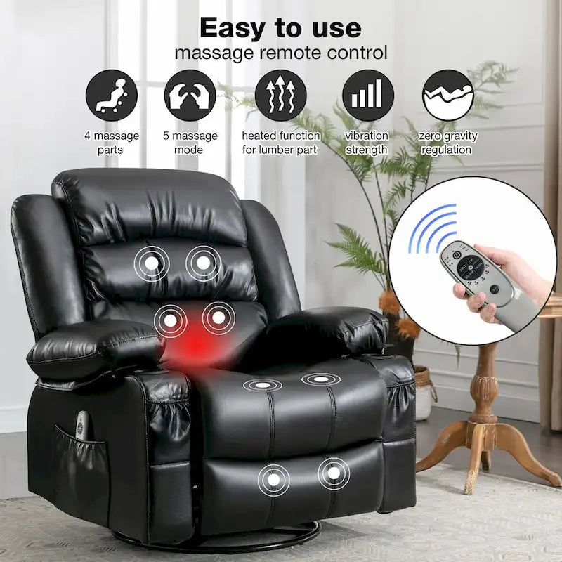 Sillón reclinable giratorio mecedor con masaje de vibración y calor, sillón ergonómico con puerto de carga USB