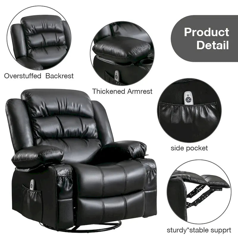 Sillón reclinable giratorio mecedor con masaje de vibración y calor, sillón ergonómico con puerto de carga USB