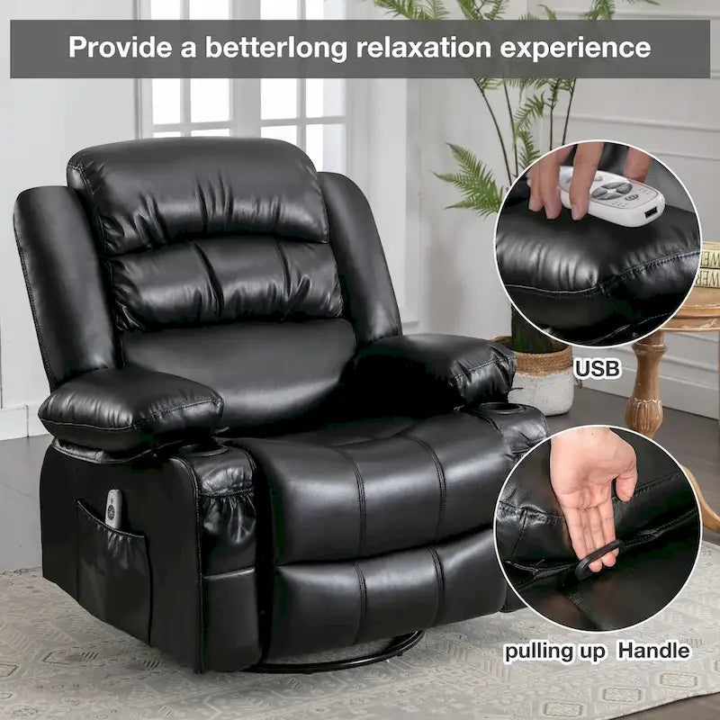 Sillón reclinable giratorio mecedor con masaje de vibración y calor, sillón ergonómico con puerto de carga USB