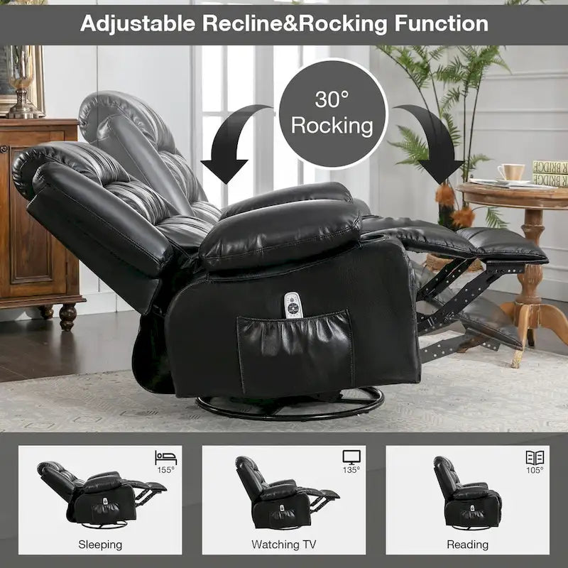 Sillón reclinable giratorio mecedor con masaje de vibración y calor, sillón ergonómico con puerto de carga USB