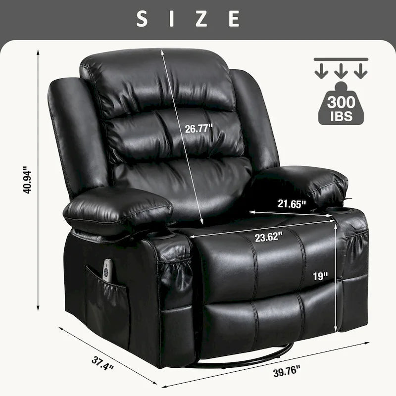 Sillón reclinable giratorio mecedor con masaje de vibración y calor, sillón ergonómico con puerto de carga USB