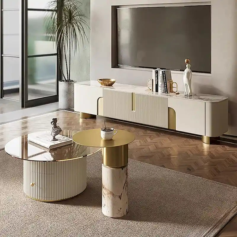 Mueble de TV de 78,7 pulgadas con 3 cajones, color blanco, con superficie de piedra sinterizada - 78,74