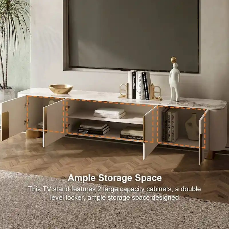 Mueble de TV de 78,7 pulgadas con 3 cajones, color blanco, con superficie de piedra sinterizada - 78,74
