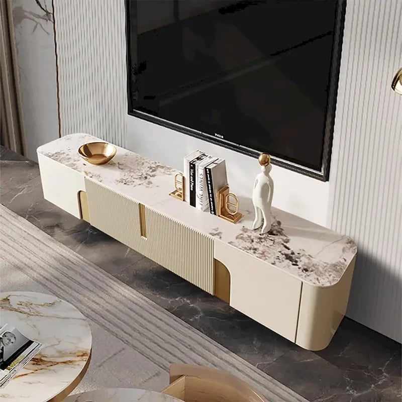 Mueble de TV de 78,7 pulgadas con 3 cajones, color blanco, con superficie de piedra sinterizada - 78,74